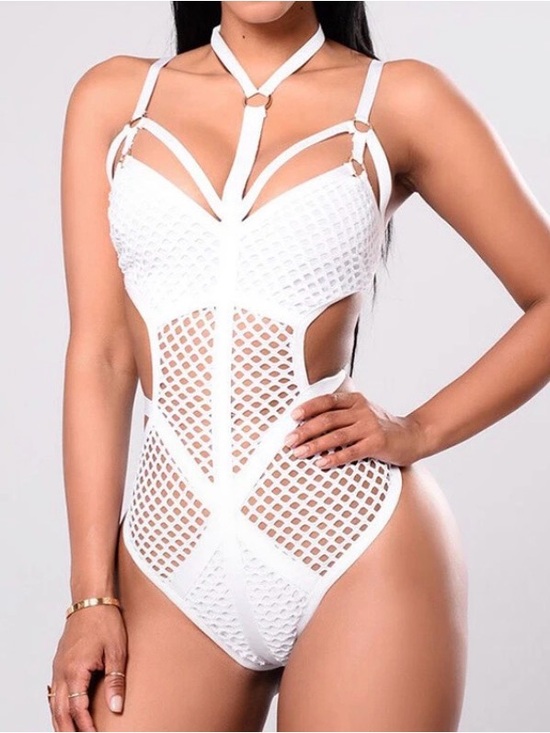 Tops - White Strappy Mesh One-Piece Swimsuit
